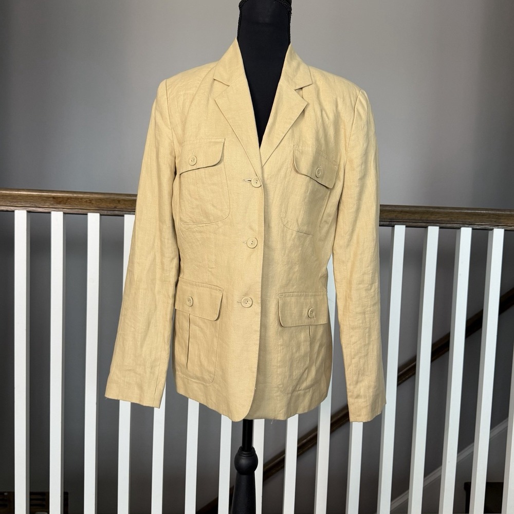 Merona 100% Linen Tan Blazer Small Safari Y2K Utility 90s Quiet Luxury Granola